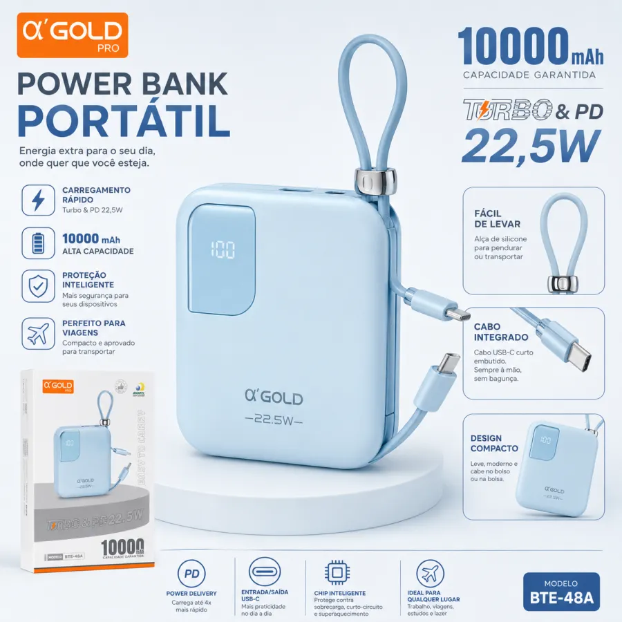 α'GOLD 10000mAh移动电源，支持Turbo & PD 22.5W，便携设计，适用于多种设备