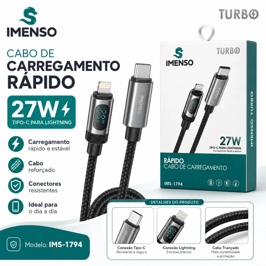 IMENSO 27W快充数据线，Type-C转Lightning，黑色，耐磨设计