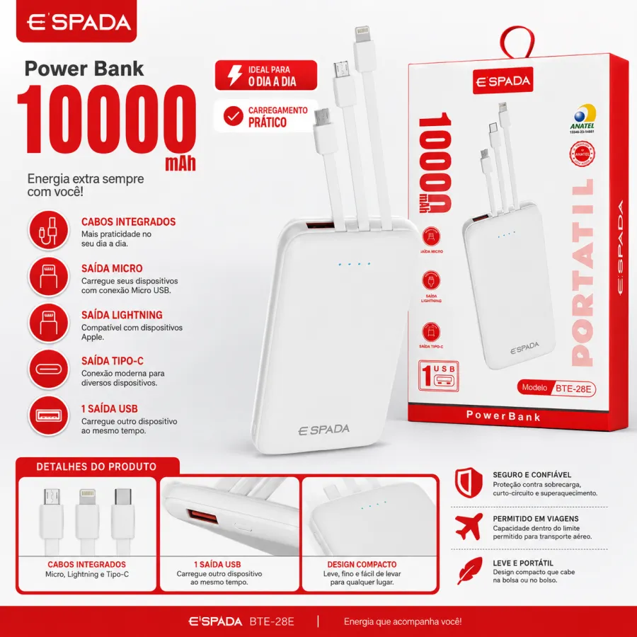 E'SPADA 10000mAh便携式充电宝，1个USB接口，适用于多种设备