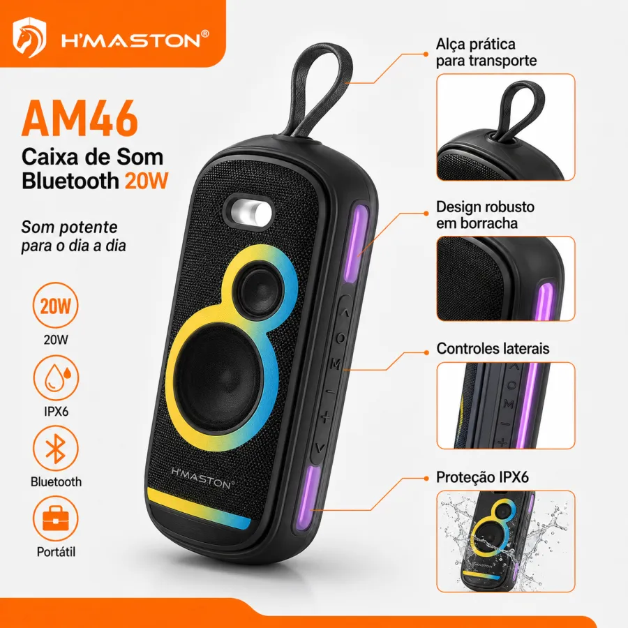 H-MASTON 20W防水蓝牙音箱 AM48，便携式设计，DSP音效，适合户外使用