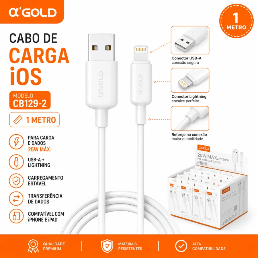 αGOLD iOS充电线 1米 CB129-2，适用于充电和数据传输，25W快充