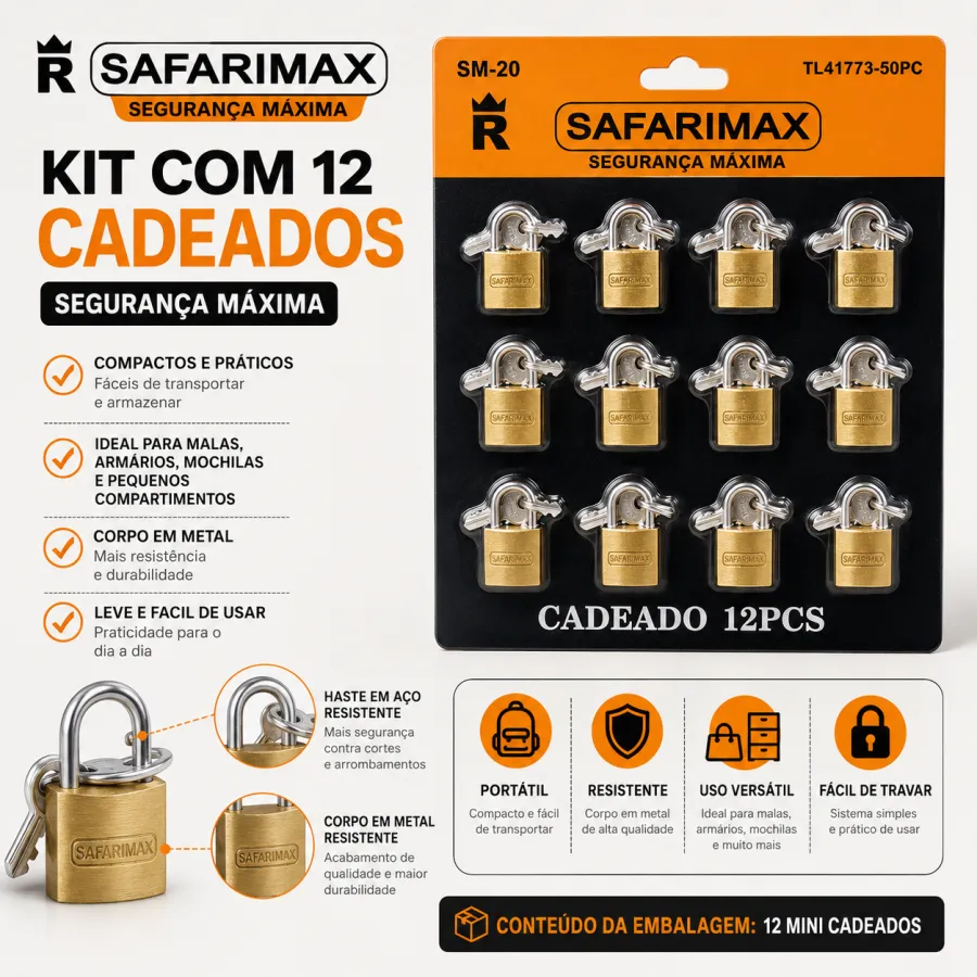 SAFARIMAX 12个装黄铜挂锁，规格SM-20/25/30，安全防盗锁具