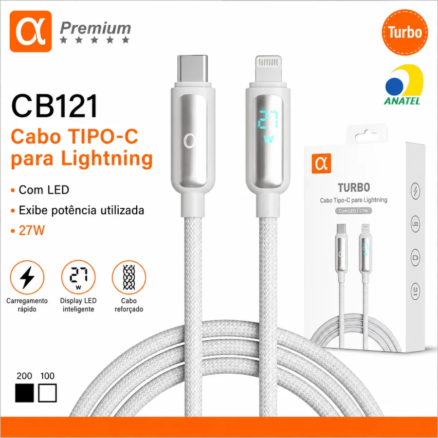 Premium品牌CB121 TIPO-C转Lightning数据线，27W快充，带LED指示灯，银色