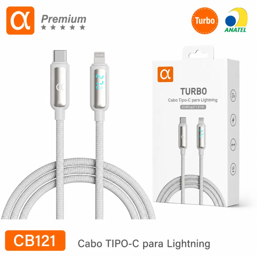 Premium品牌CB121 TIPO-C转Lightning数据线，27W快充，带LED指示灯，银色