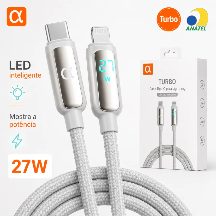 Premium品牌CB121 TIPO-C转Lightning数据线，27W快充，带LED指示灯，银色