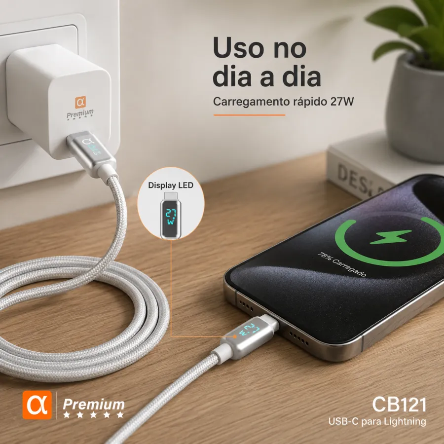 Premium品牌CB121 TIPO-C转Lightning数据线，27W快充，带LED指示灯，银色