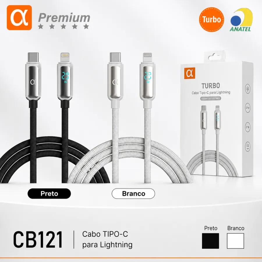Premium品牌CB121 TIPO-C转Lightning数据线，27W快充，带LED指示灯，银色