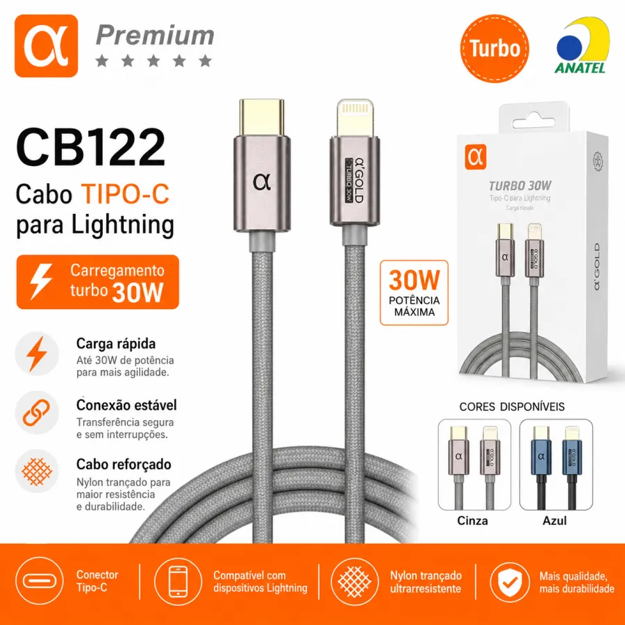 Premium α品牌CB122 TIPO-C转IOS数据线 30W快充 适用于苹果设备