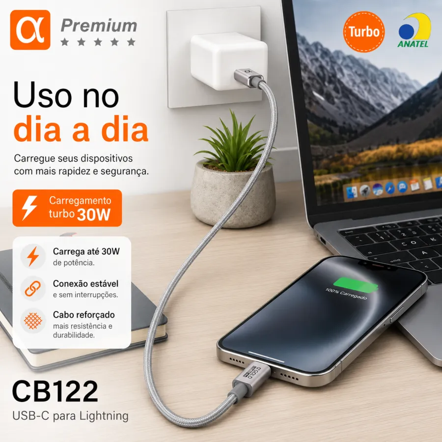 Premium α品牌CB122 TIPO-C转IOS数据线 30W快充 适用于苹果设备