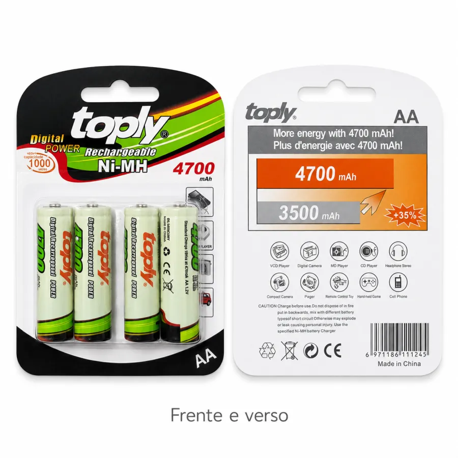 Toply 充电电池 AA 4700mAh 4节装，适用于数码产品