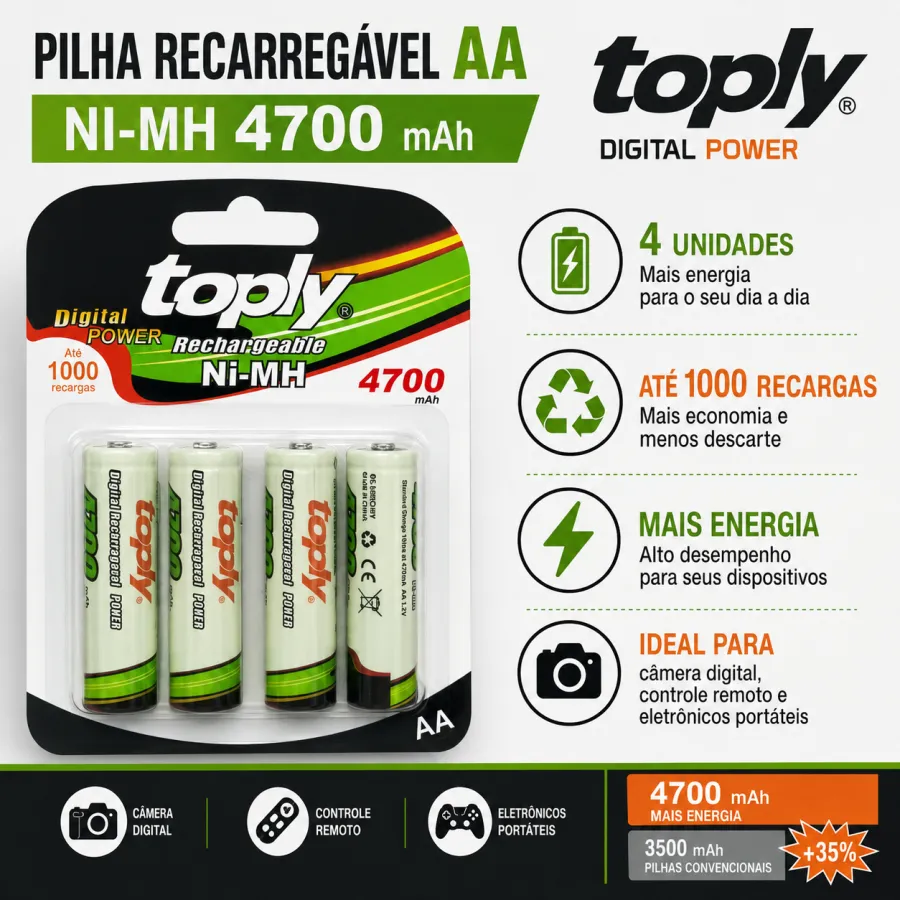 Toply 充电电池 AA 4700mAh 4节装，适用于数码产品