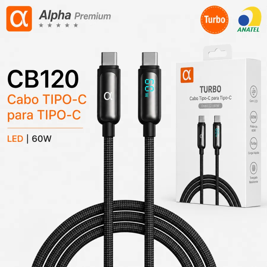 Premium TYPE-C数据线，60W快充，带LED指示灯，CB120型号