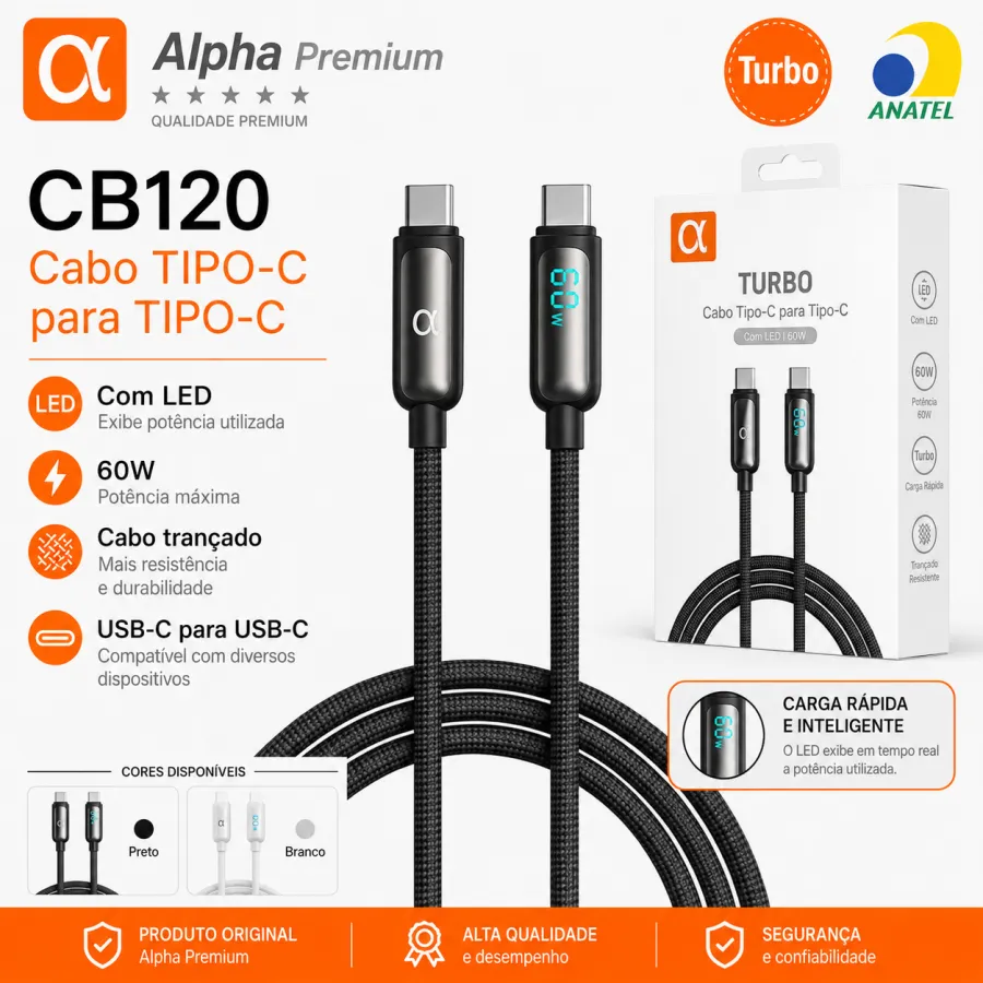 Premium TYPE-C数据线，60W快充，带LED指示灯，CB120型号