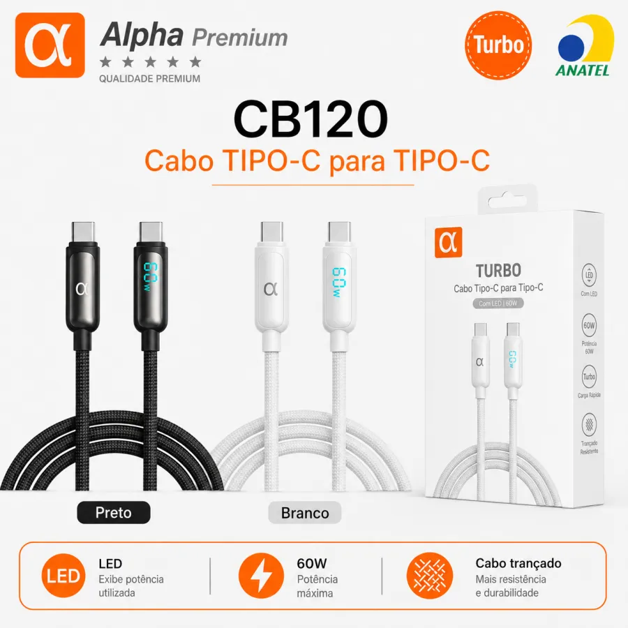 Premium TYPE-C数据线，60W快充，带LED指示灯，CB120型号