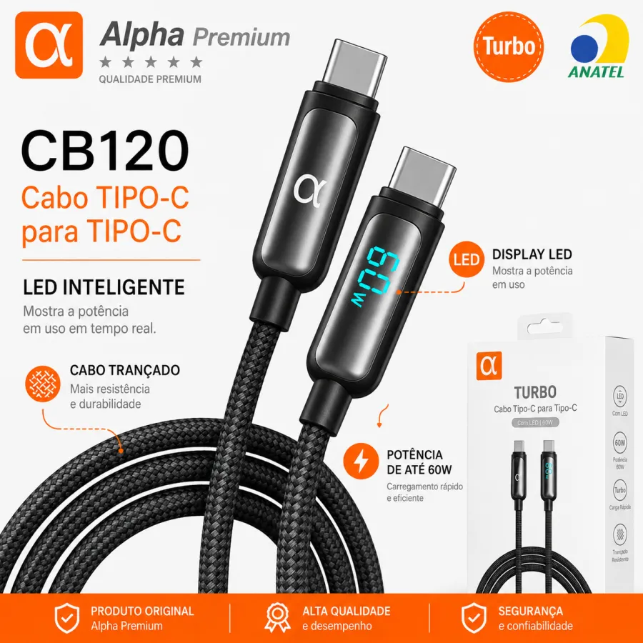 Premium TYPE-C数据线，60W快充，带LED指示灯，CB120型号