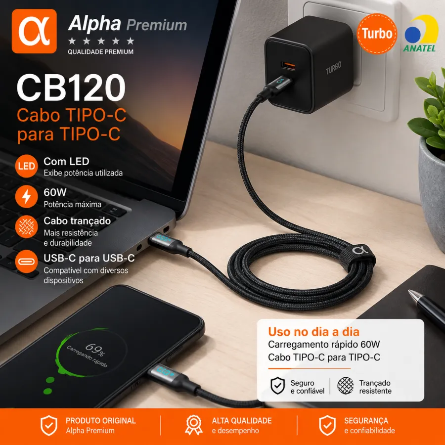 Premium TYPE-C数据线，60W快充，带LED指示灯，CB120型号