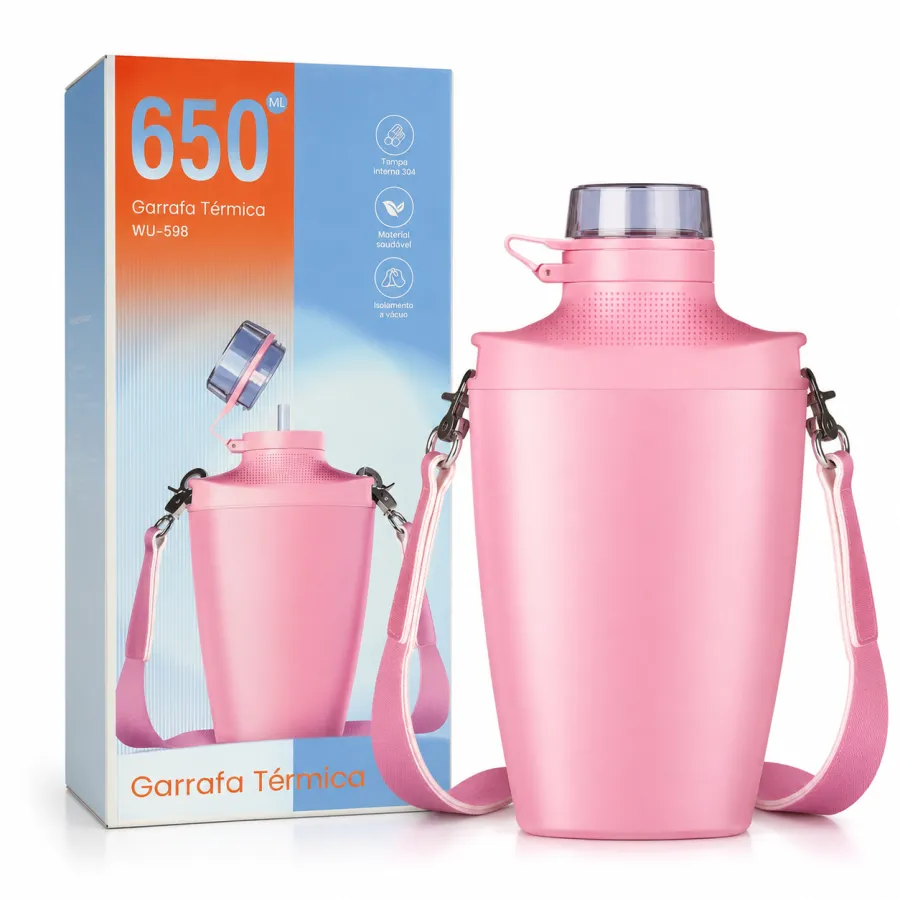 Garrafa Térmica 650ml WJ-598，粉色，便携式保温瓶，适合户外旅行