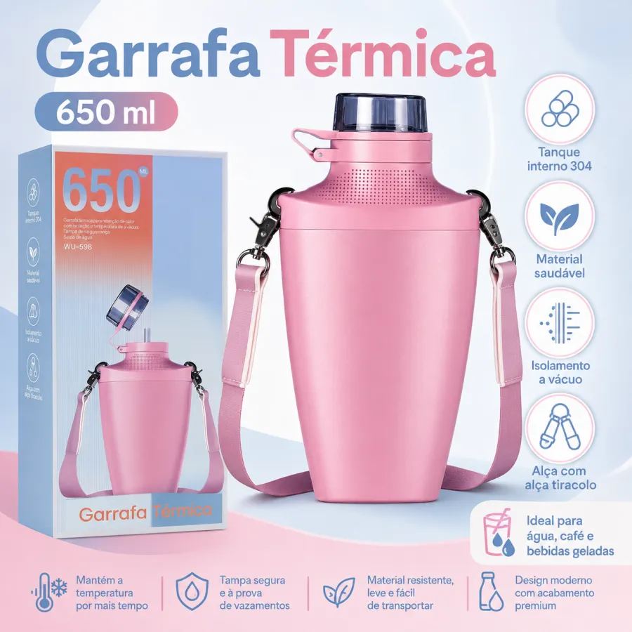 Garrafa Térmica 650ml WJ-598，粉色，便携式保温瓶，适合户外旅行