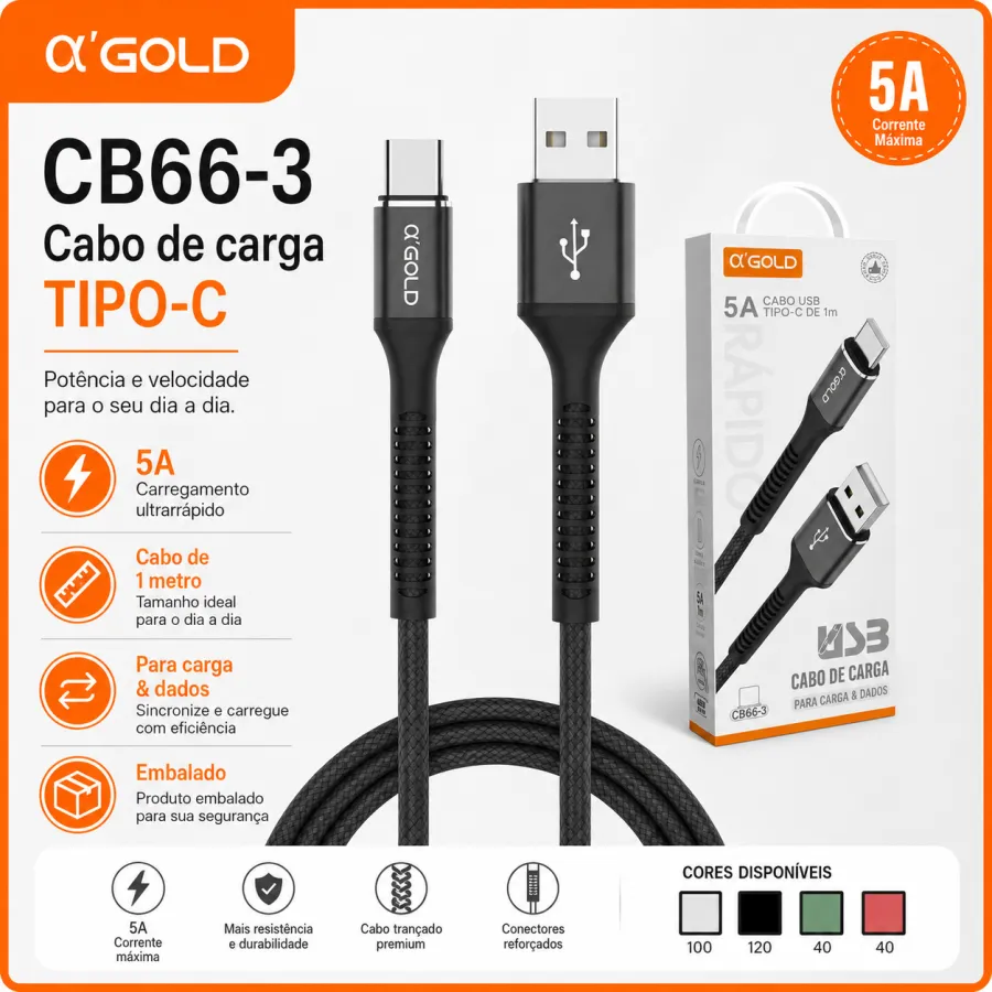 αGOLD 1米TYPE-C充电数据线，5A快速充电，黑色 CB66-3