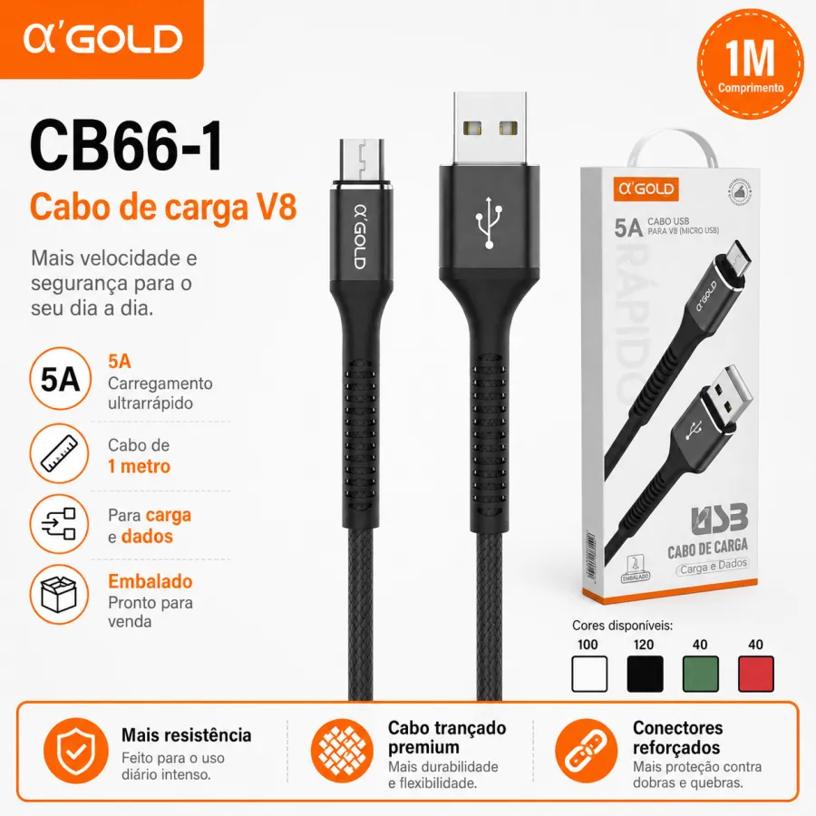 αGOLD 1米V8充电数据线，5A快速充电 CB66-1
