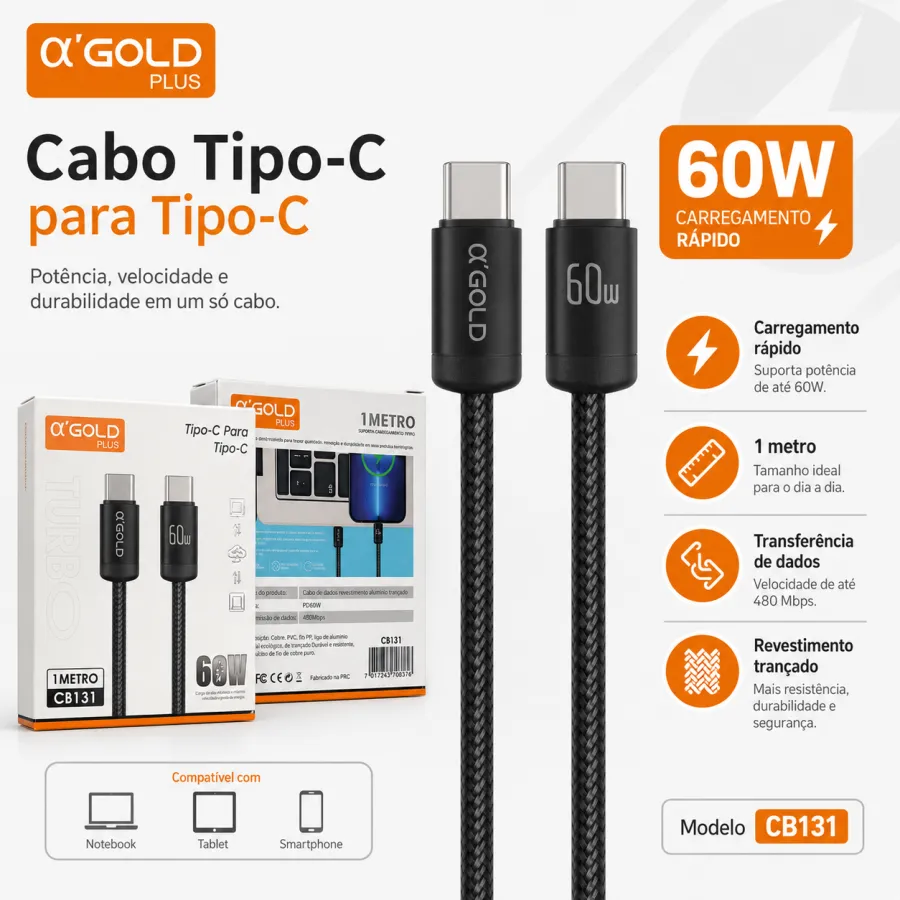 αGOLD Plus 1米60W Type-C数据线，适用于Type-C设备