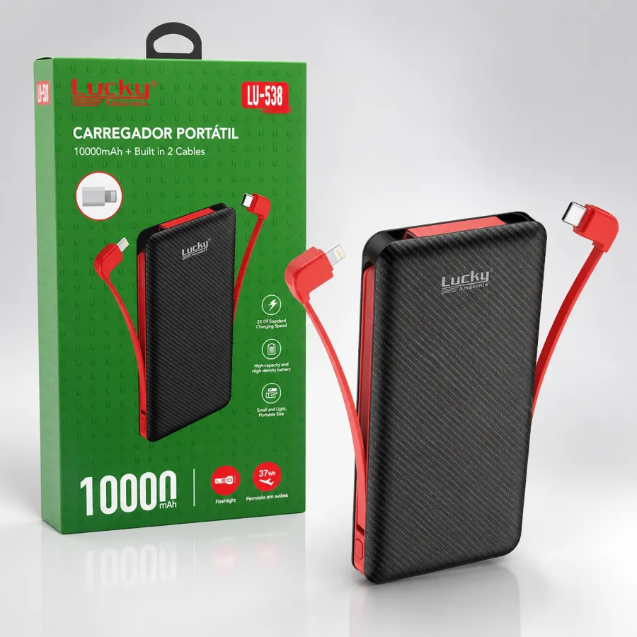 Luckku LU-538 10000mAh 便携式充电器，内置双数据线，红黑色