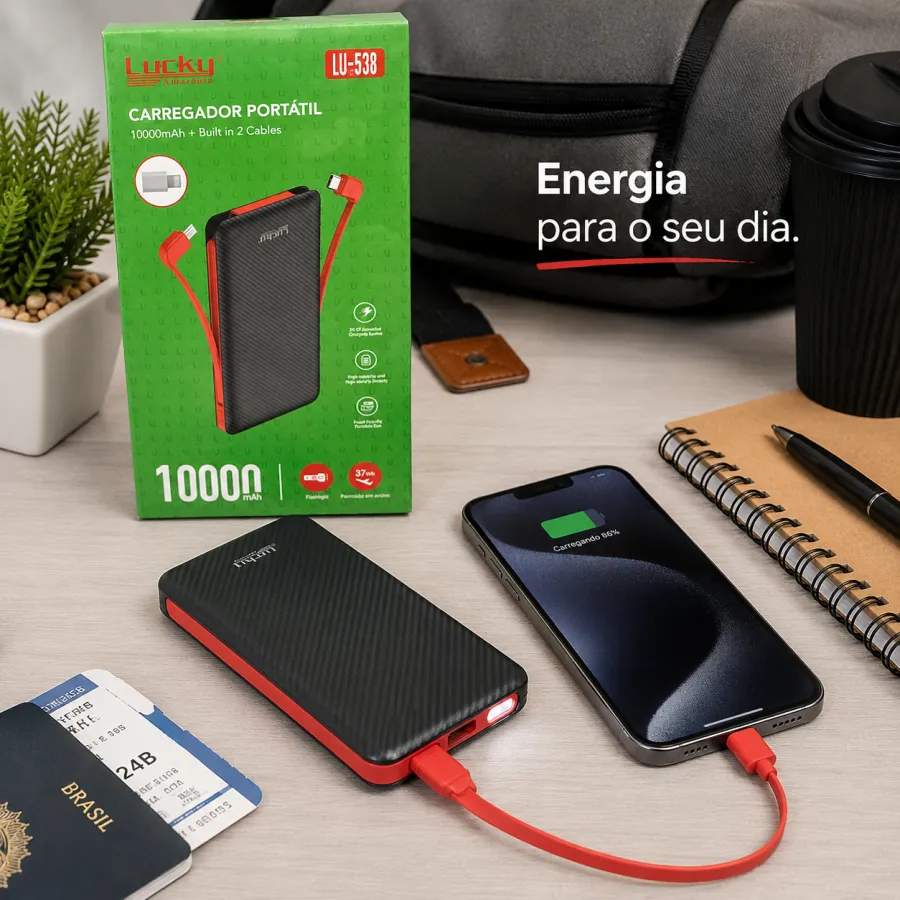 Luckku LU-538 10000mAh 便携式充电器，内置双数据线，红黑色