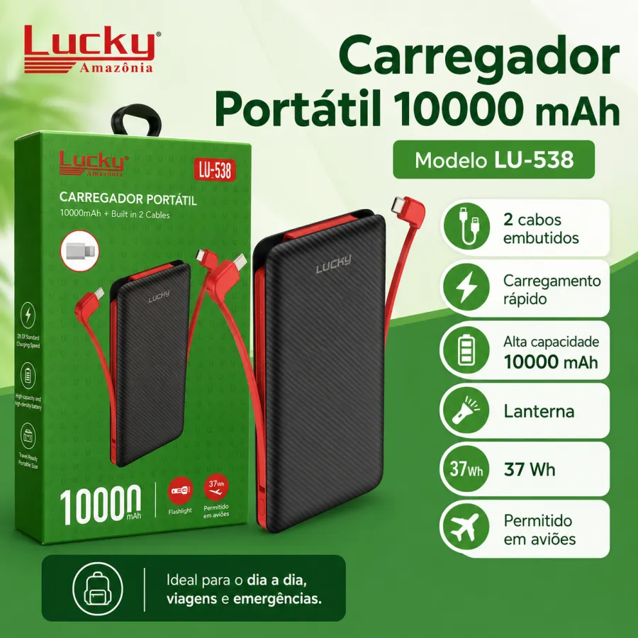 Luckku LU-538 10000mAh 便携式充电器，内置双数据线，红黑色