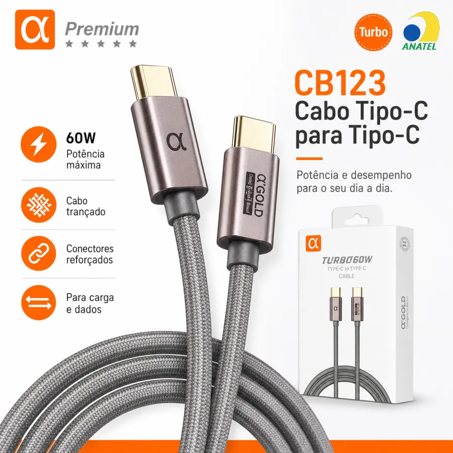 Premium 60W Turbo快充TYPE-C数据线 CB123 银色