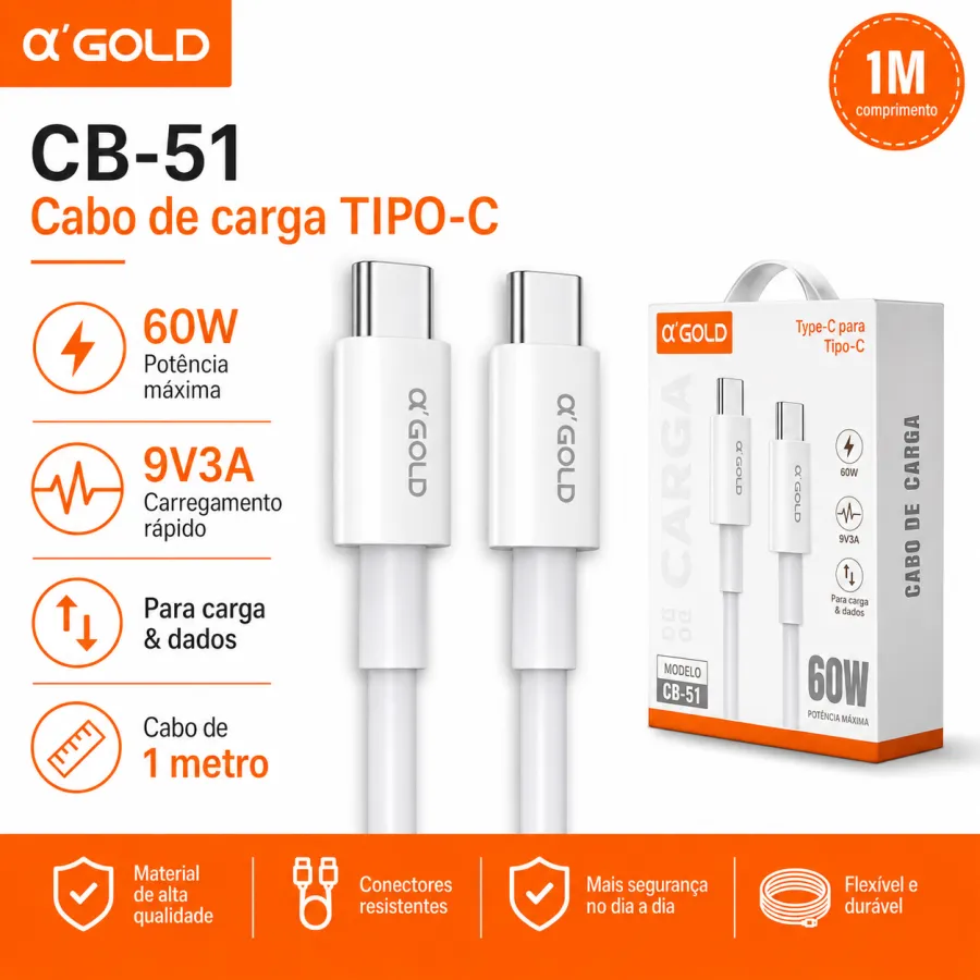 α GOLD CB-51 1米 TYPE-C充电线，9V3A，60W，适用于充电和数据传输