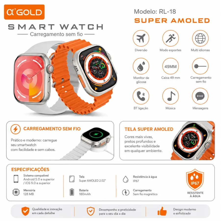 α GOLD 智能手表 RL18，超 AMOLED 屏幕，橙色，时尚设计
