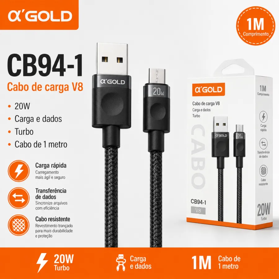 αGOLD 20W V8充电数据线 1米 黑色CB94-1