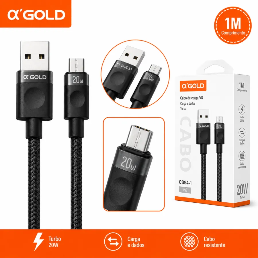 αGOLD 20W V8充电数据线 1米 黑色CB94-1