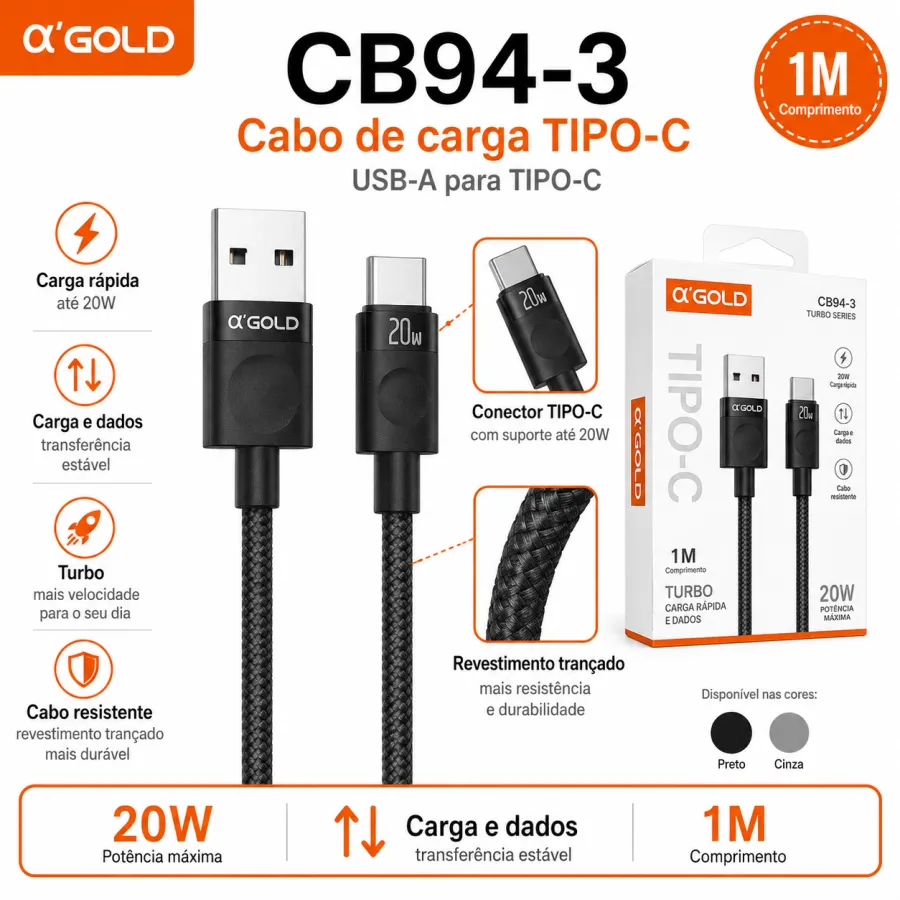 α-GOLD 1米20W TIPO-C充电数据线，适用于快速充电，CB94-3