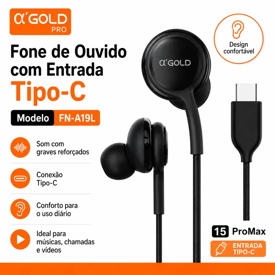 α GOLD Pro FN-A19L 耳机 Type-C 入耳式耳机，适用于 Pro Max，黑色