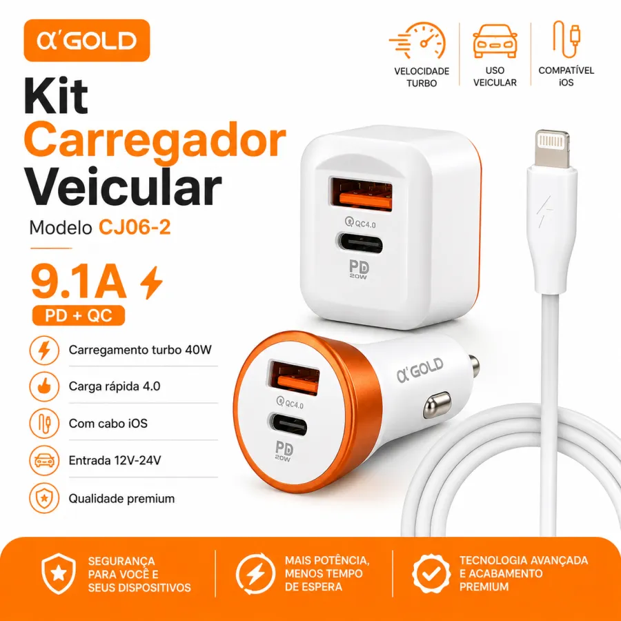 α GOLD车载充电器 CJ06-2，快速充电，带数据线，适用于多种设备