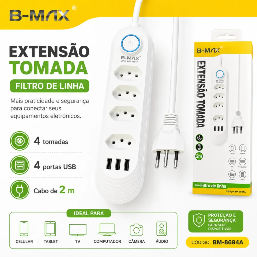 B-MAX BM-869AA 排插，带5个插孔和2个USB接口，额定功率2500W，适用于220V电压