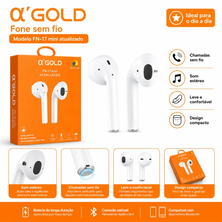 α GOLD FN-17 Mini 无线耳机 更新版，白色，蓝牙5.0，高清音质