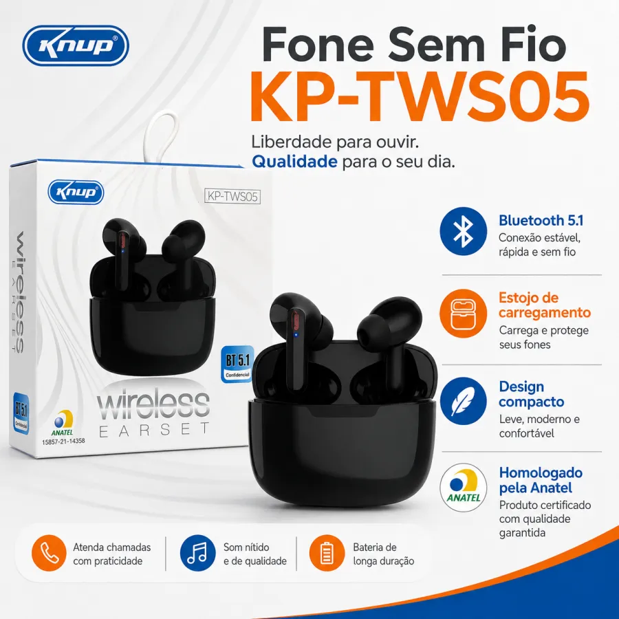 Knup 无线耳机 KP-TWS05，蓝牙5.1，黑色，便携式，适用于手机