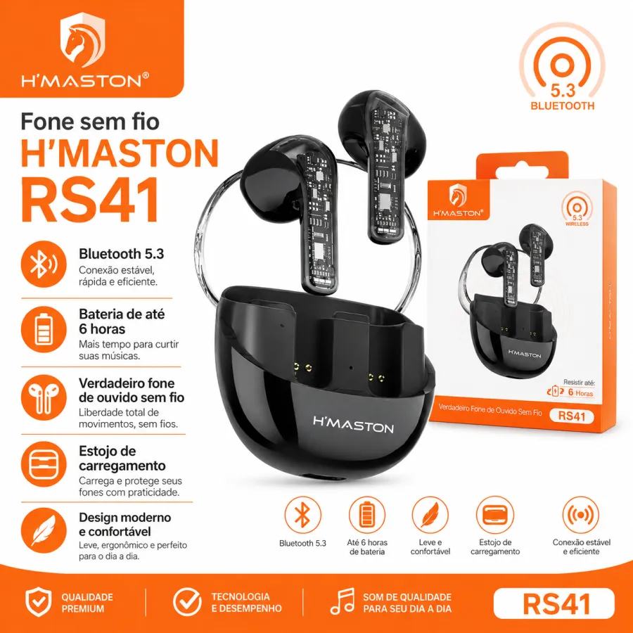 HMASTON RS41 无线耳机，黑色，6小时续航，真无线设计