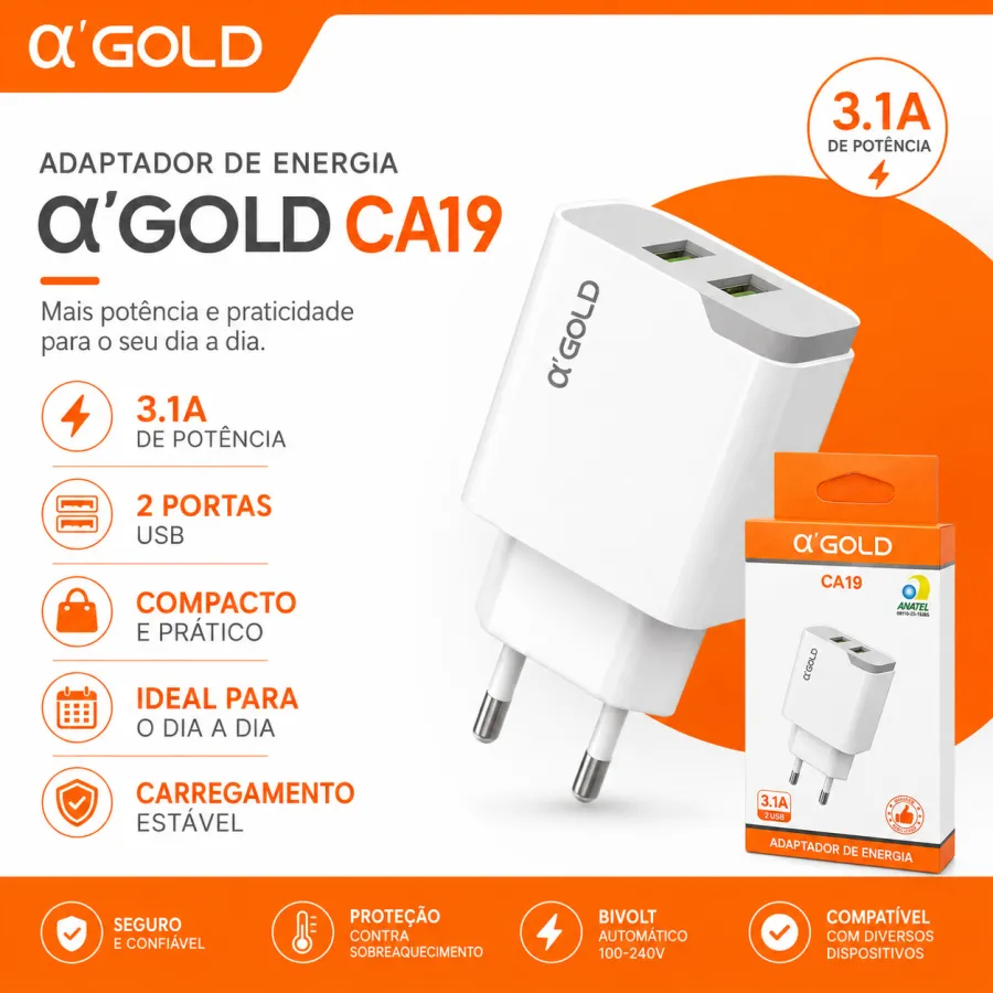 α'GOLD CA19 3.1A 快充适配器，适用于多种设备