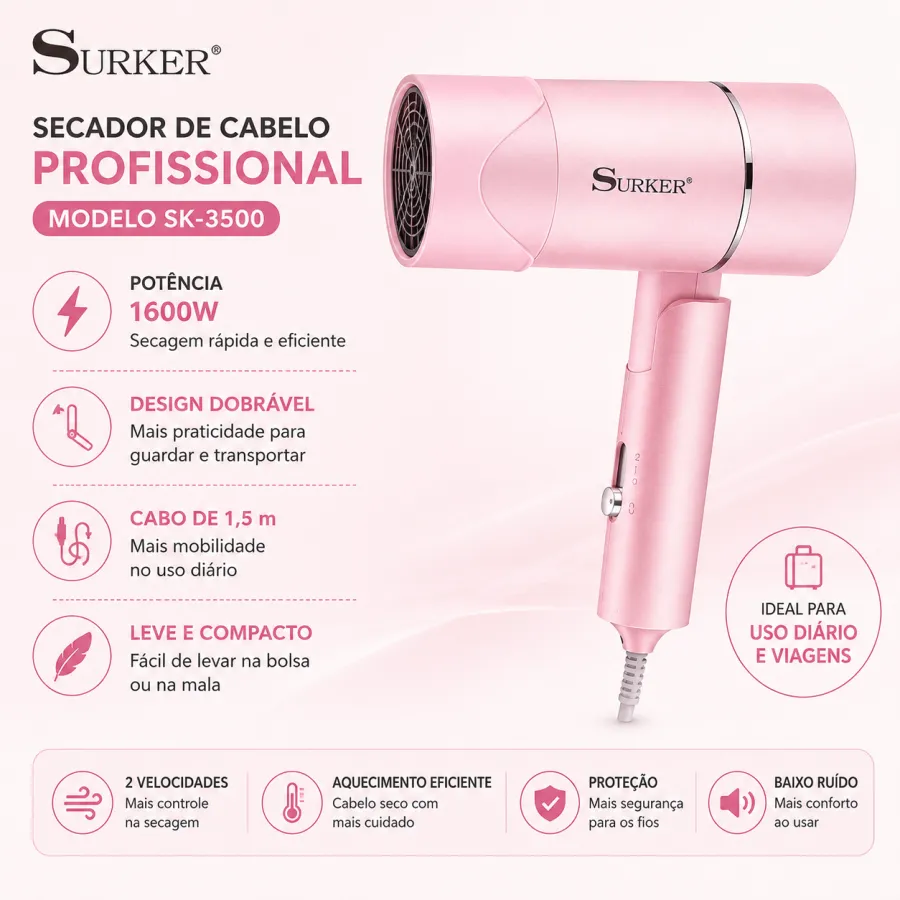 SURKER 1600W专业电吹风，粉色，SK-3500，适合美容院使用