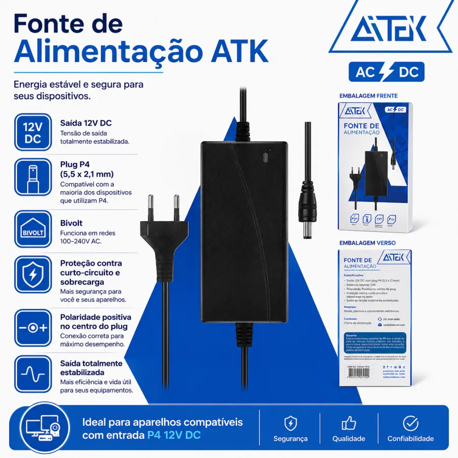 ATEK电源适配器，AC/DC，适用于多种设备，黑色