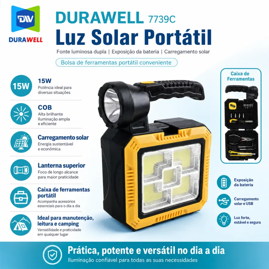 DURAWELL 739C 便携式太阳能灯，15W COB高亮度，适合户外照明
