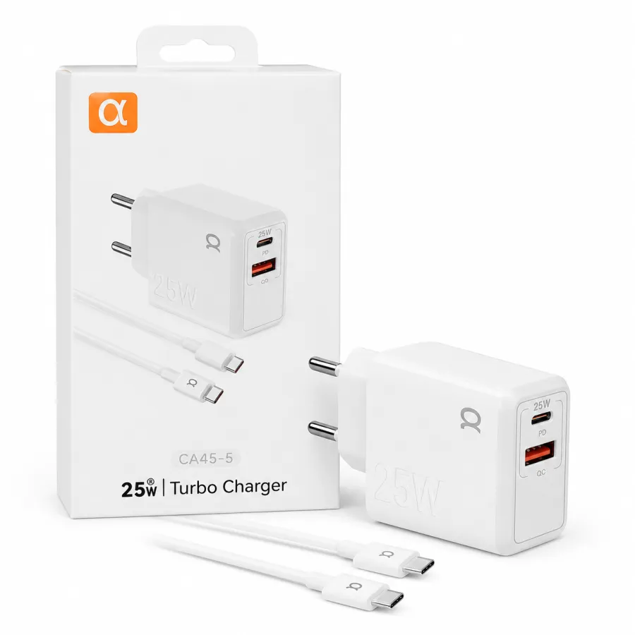 25W快充充电器，品牌：α，型号：CA45-5，含数据线