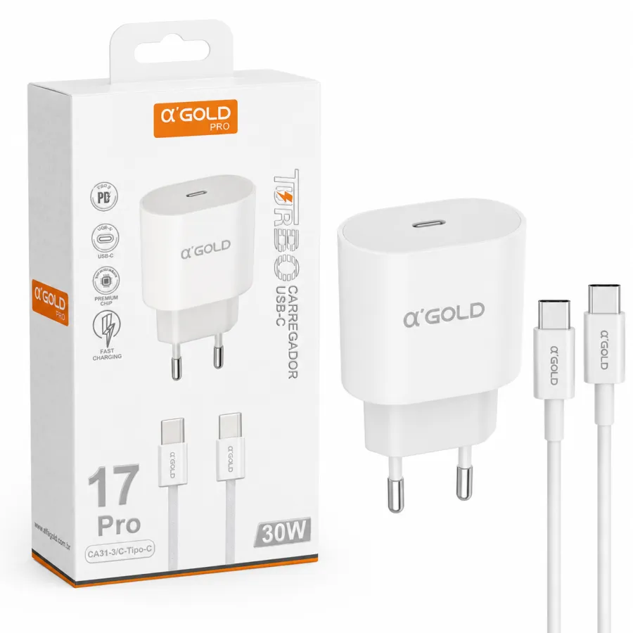 αGOLD PRO 30W快充充电头，带Type-C数据线，适用于手机和平板
