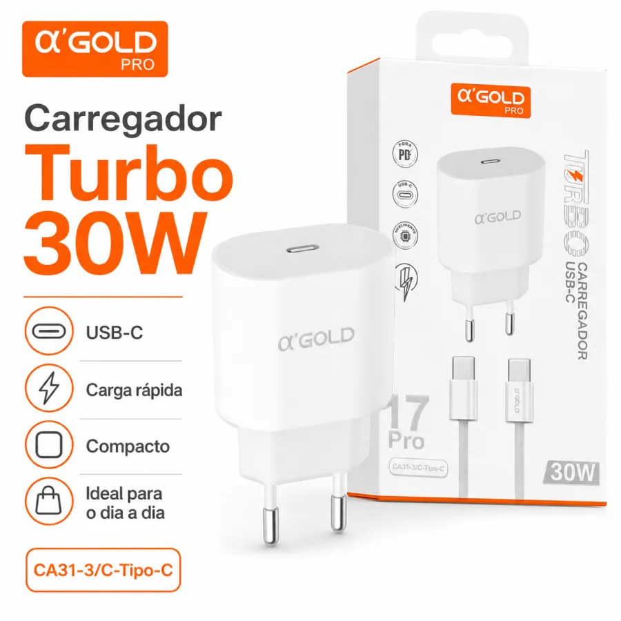 αGOLD PRO 30W快充充电头，带Type-C数据线，适用于手机和平板