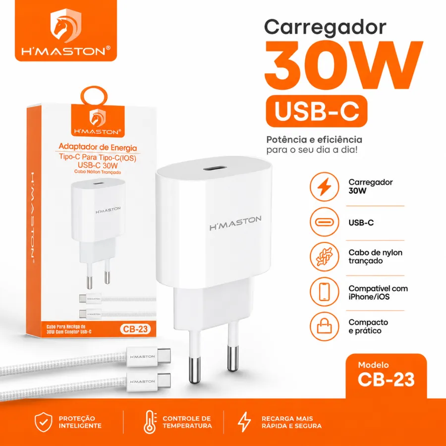 H'MASTON 30W USB-C充电头，适用于iOS，尼龙编织线
