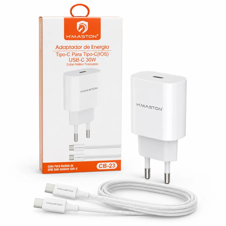 H'MASTON 30W USB-C充电头，适用于iOS，尼龙编织线