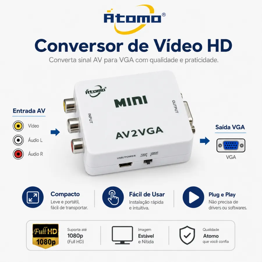 Atomo迷你HD视频转换器 AV2VGA，支持1080P全高清，3D视频输出